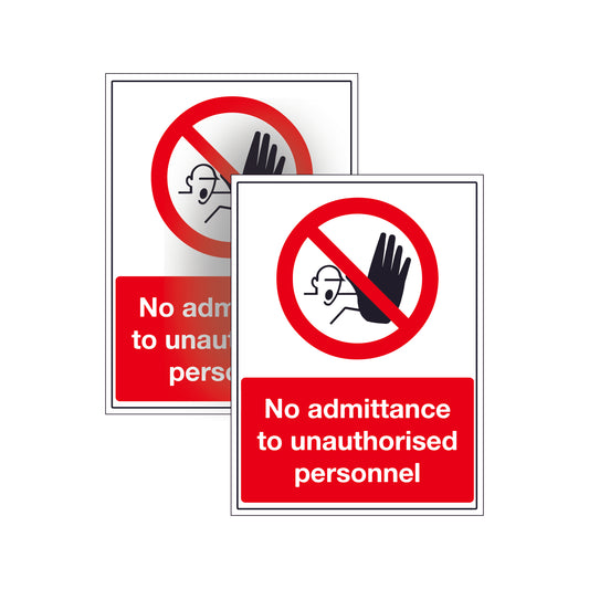 NO ADMITTANCE TO UNAUTHORISED PERSONNEL Safety Warning Sign Stickers 2 Pack