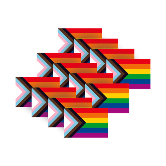 12 pack of Pride progress LGBTQ+ gay rainbow flag stickers for windows, cars, laptops & tablets