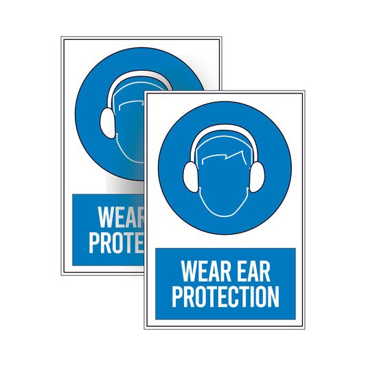 2 Pack Wear ear protection warning safety signs stickers for walls, doors or glass