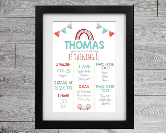 1st Birthday A4 Keepsake Personalised Printed Sign, Gift Present or Memory box gift
